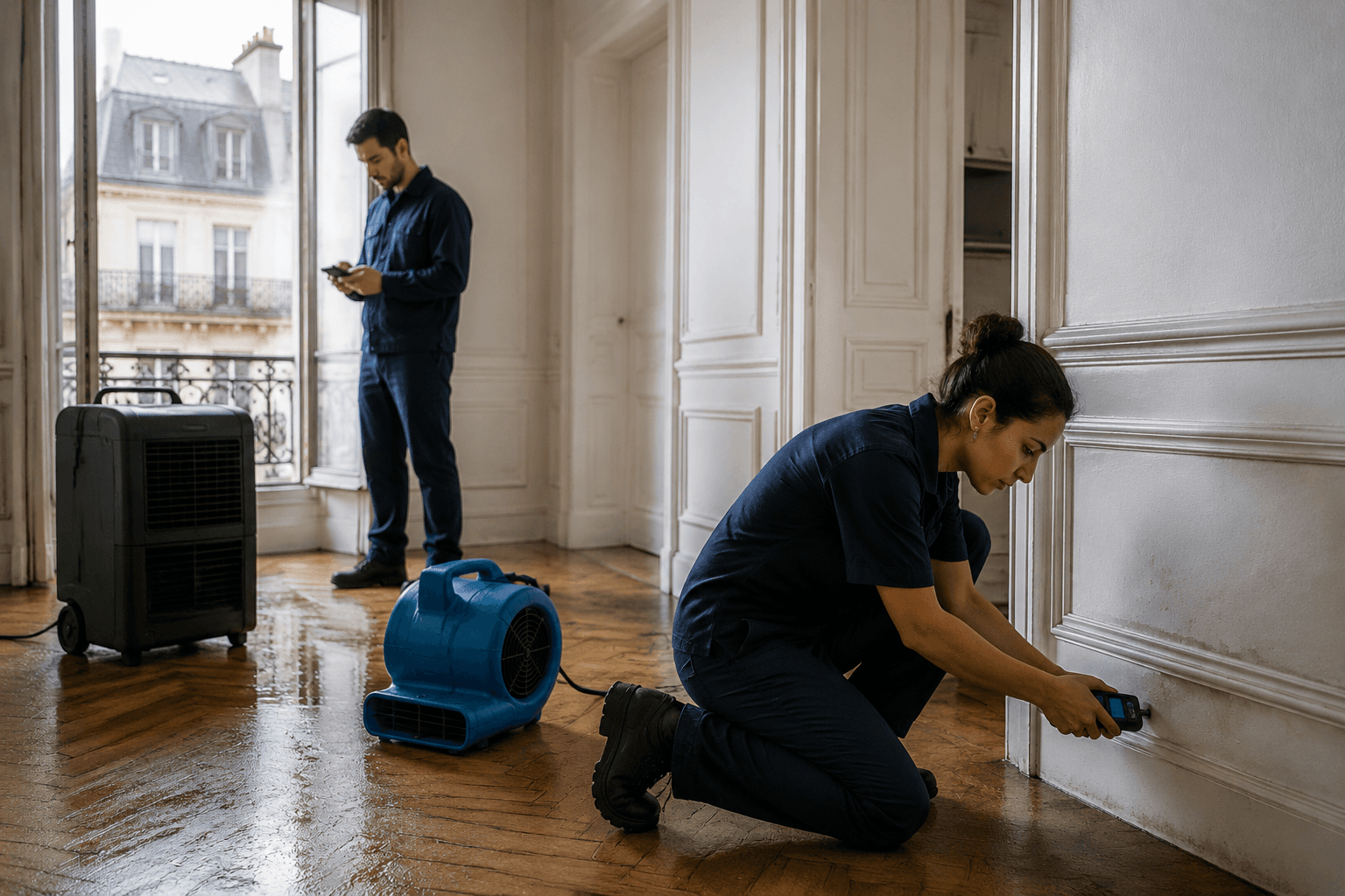 Techniciens NP AIR en intervention d'assèchement dans un appartement parisien après un dégât des eaux